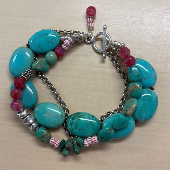 Sundance Beautiful Turquoise, Cherry Quartz/Seed Beads 925 Triple Bracelet! New - Picture 1 of 7